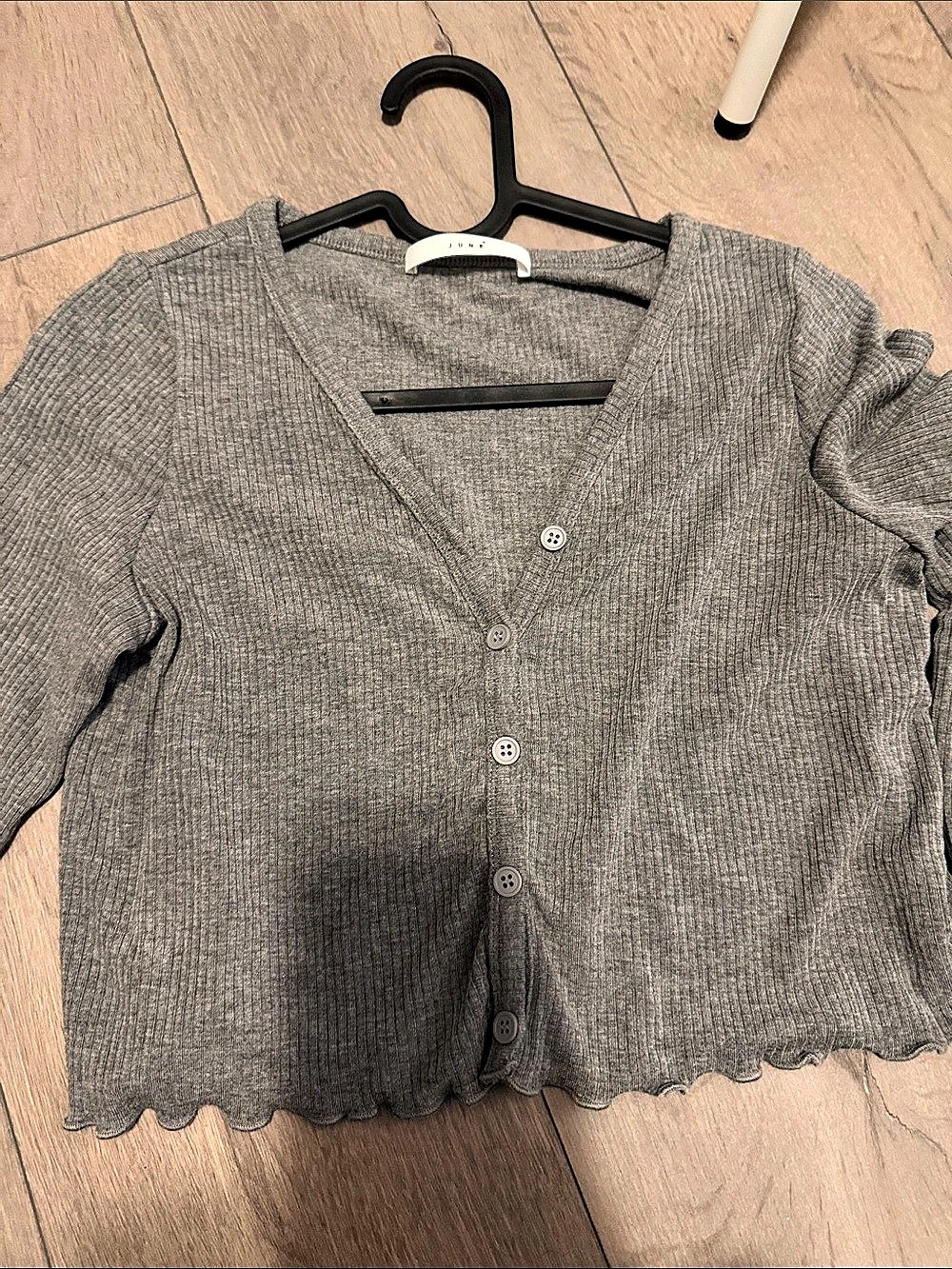 Gray Ribbed Cardigan with Scalloped Hem